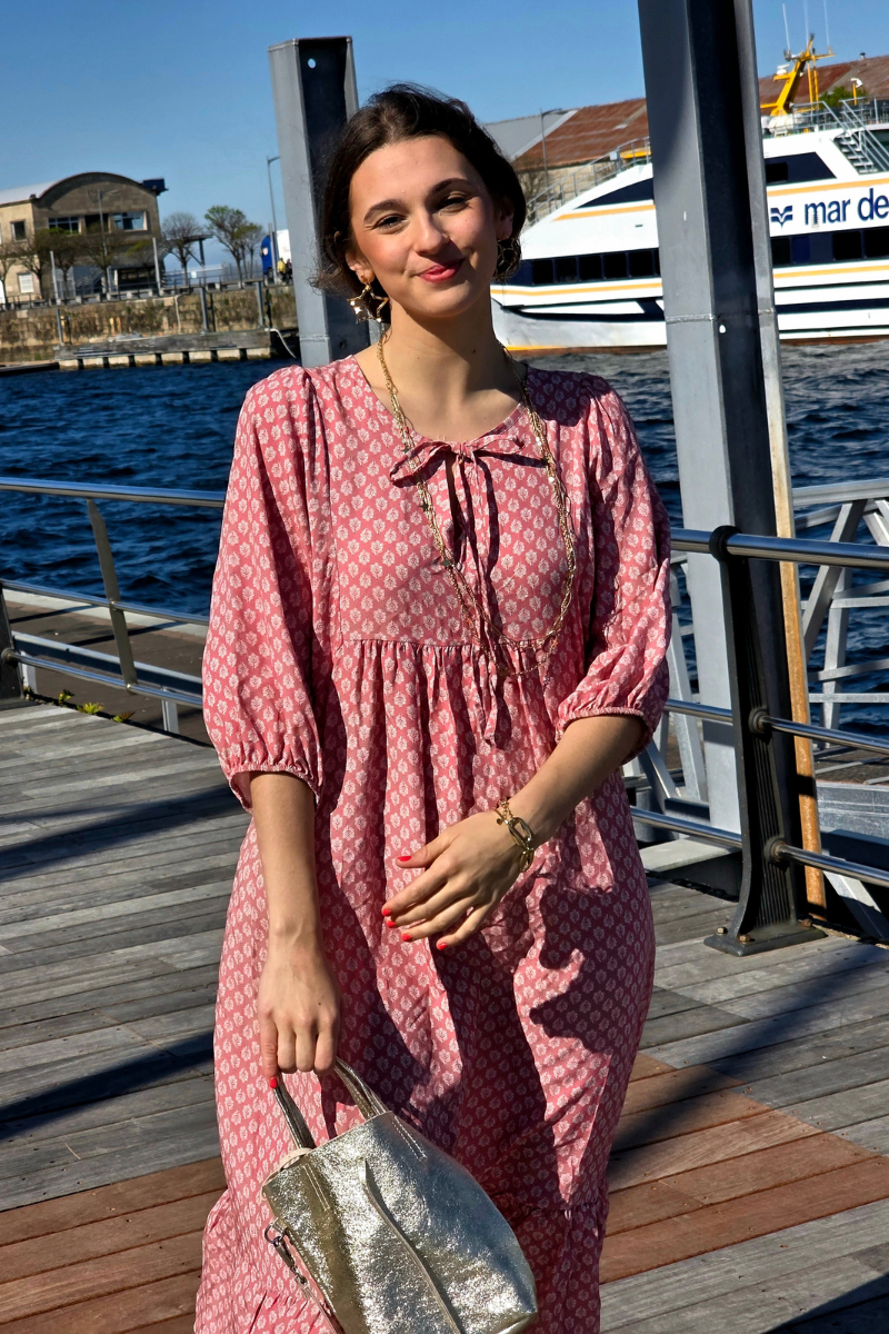 Vestido Largo Flores M. Globo Rosa