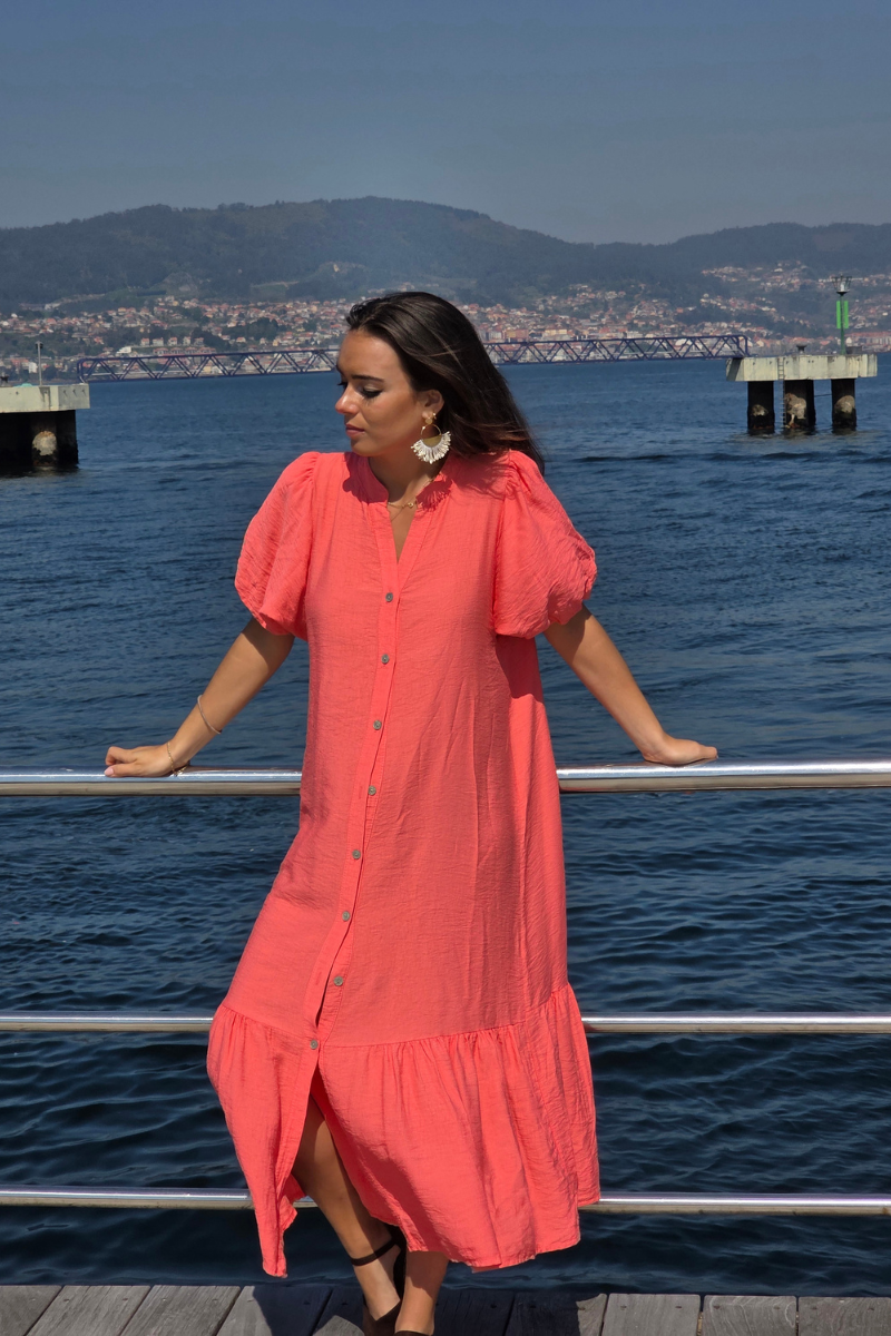 Vestido Manga Globo Coral