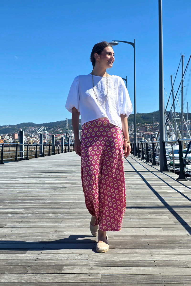 Falda Larga Estampado Célula Fucsia