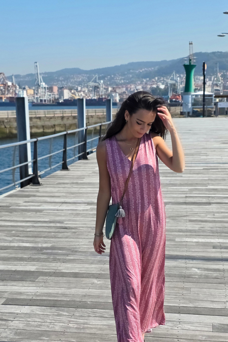 Vestido Largo Estampado Ramos Rosa elástico