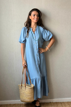 Vestido Manga Globo Azul Jeans Claro