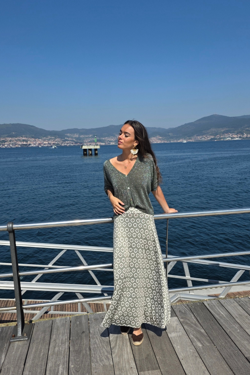 Falda Larga Estampado Célula Caqui