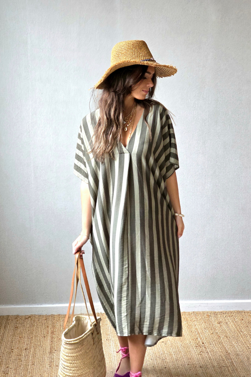 Vestido rayas tipo kurta caqui