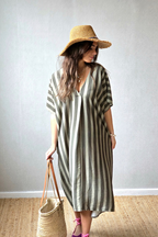 Vestido rayas tipo kurta caqui