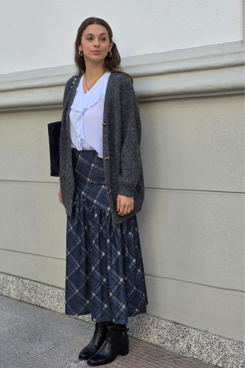 Falda Pía de cuadros escocesa asimétrica azul