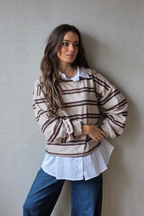 Jersey de Rayas Beige y Marrón con Cuello Camisa