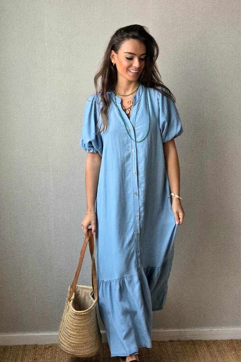 Vestido Manga Globo Azul Jeans Claro