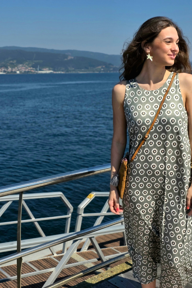 Vestido Largo Estampado Célula Caqui elástico