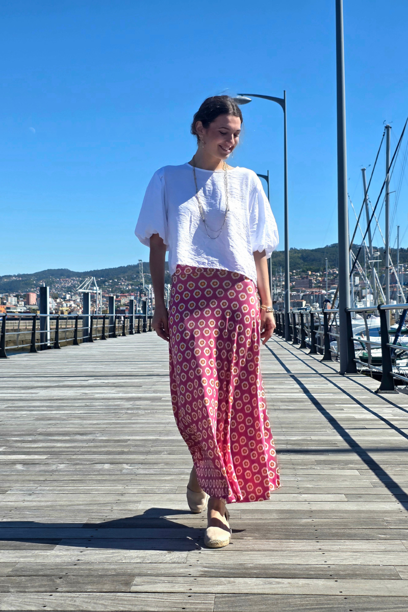 Falda Larga de Conchas Fucsia elástica