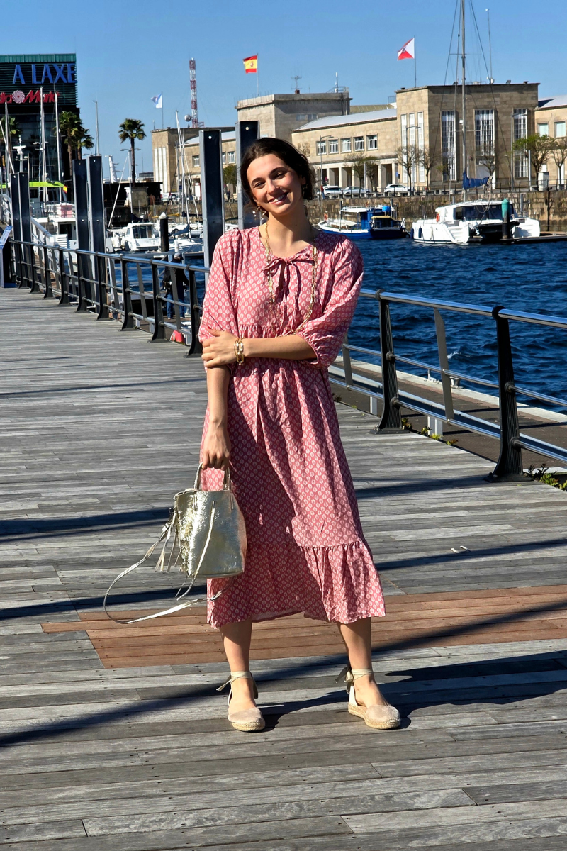 Vestido Largo Flores M. Globo Rosa