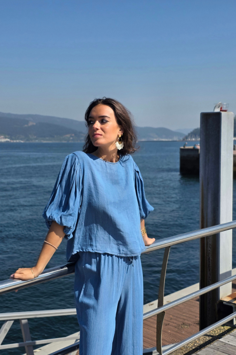 Blusa Manga Globo Azul Jean Oscuro