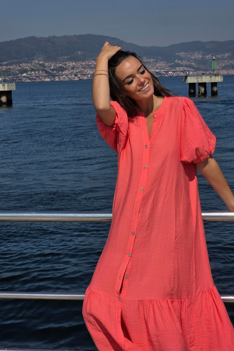 Vestido Manga Globo Coral