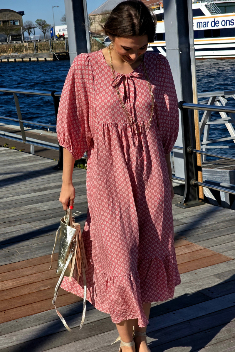 Vestido Largo Flores M. Globo Rosa