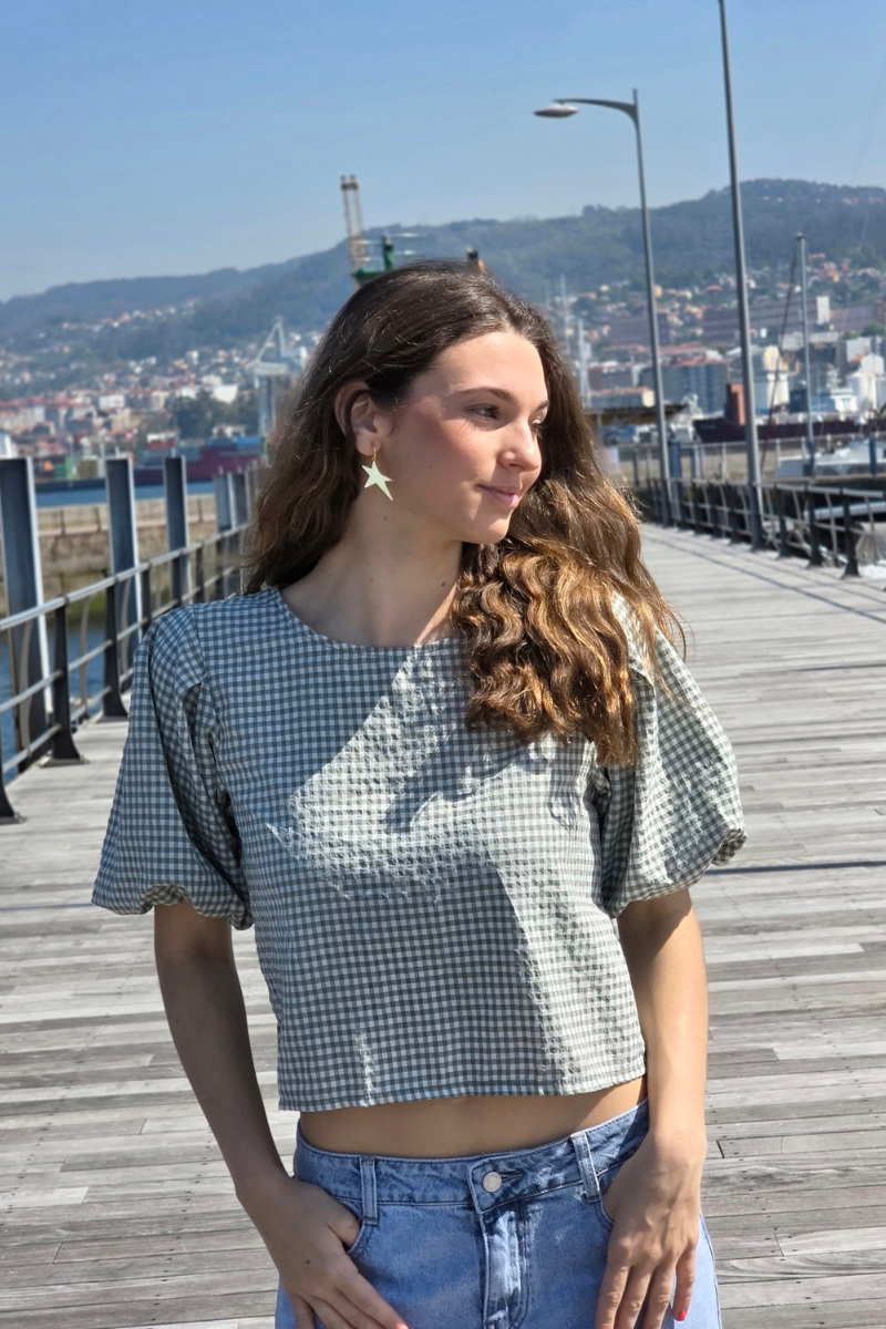 Blusa Manga Globo Cuadro Vichy Salvia