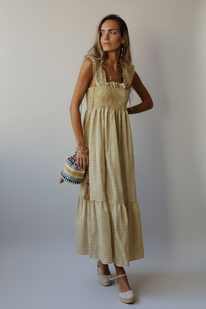 Vestido cuadro vichy nido de abeja mostaza