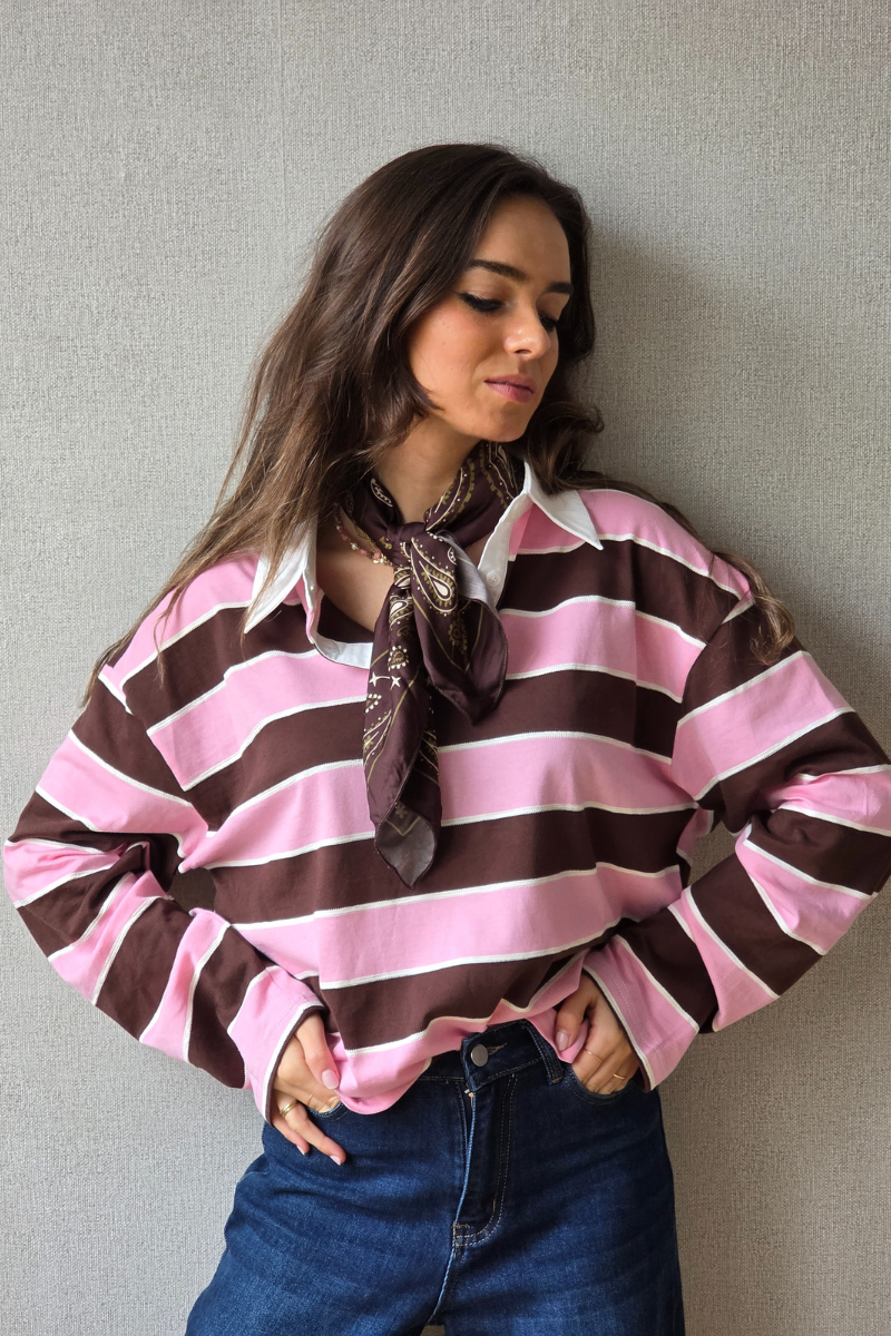 Polo de rayas rosa y chocolate