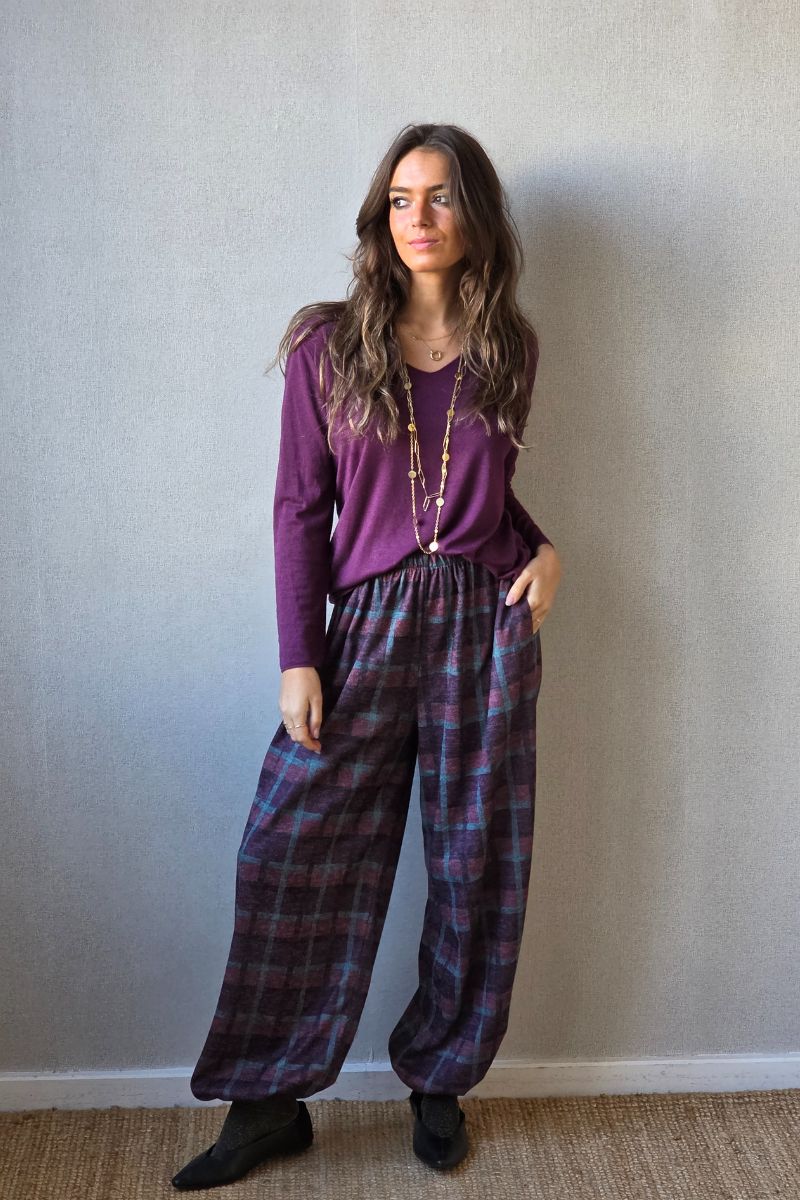 Pantalón bombacho de cuadros grande berenjena