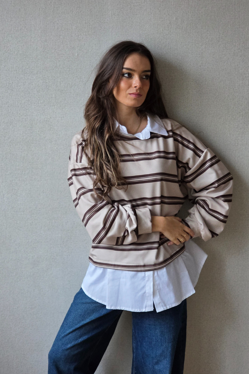 Jersey de Rayas Beige y Marrón con Cuello Camisa