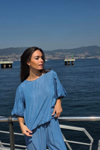Blusa Manga Globo Azul Jean Oscuro
