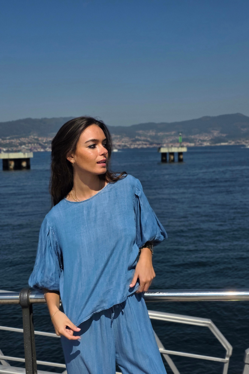 Blusa Manga Globo Azul Jean Oscuro