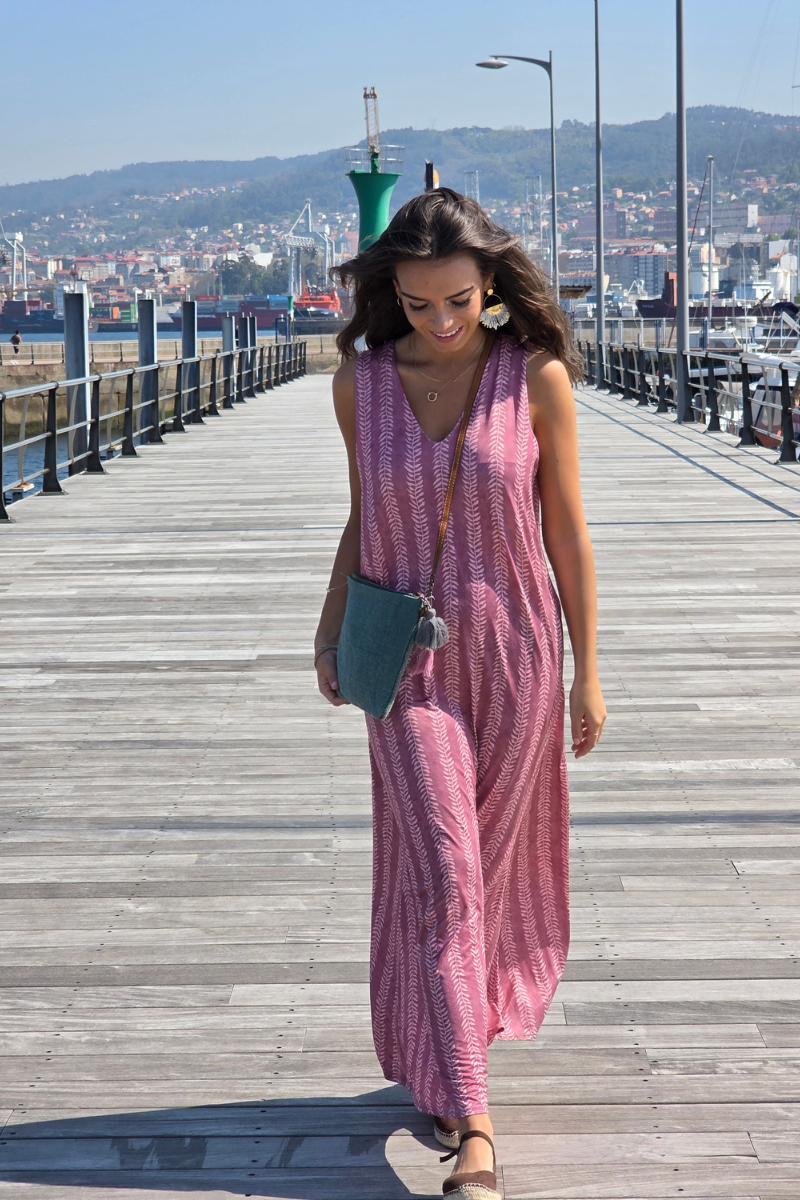 Vestido Largo Estampado Ramos Rosa elástico