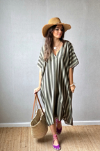 Vestido rayas tipo kurta caqui