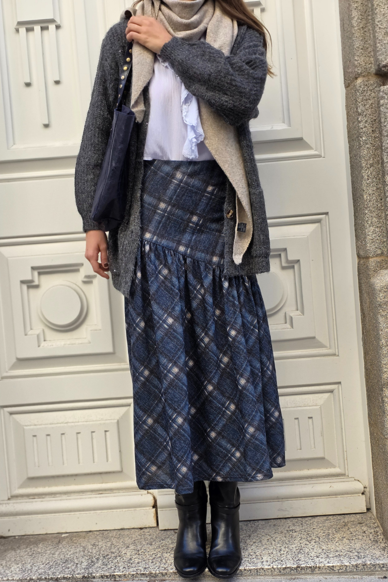 Falda Pía de cuadros escocesa asimétrica azul