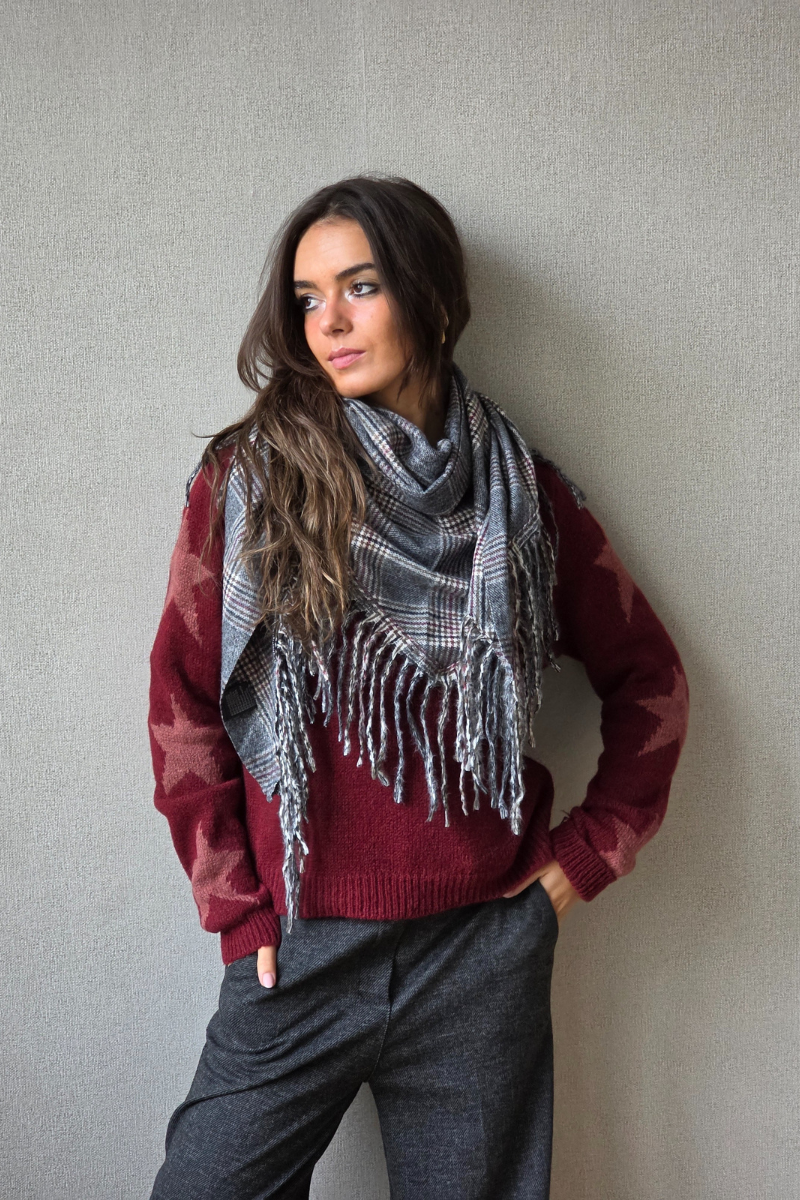 Bufanda escocesa triangulo y flecos azul