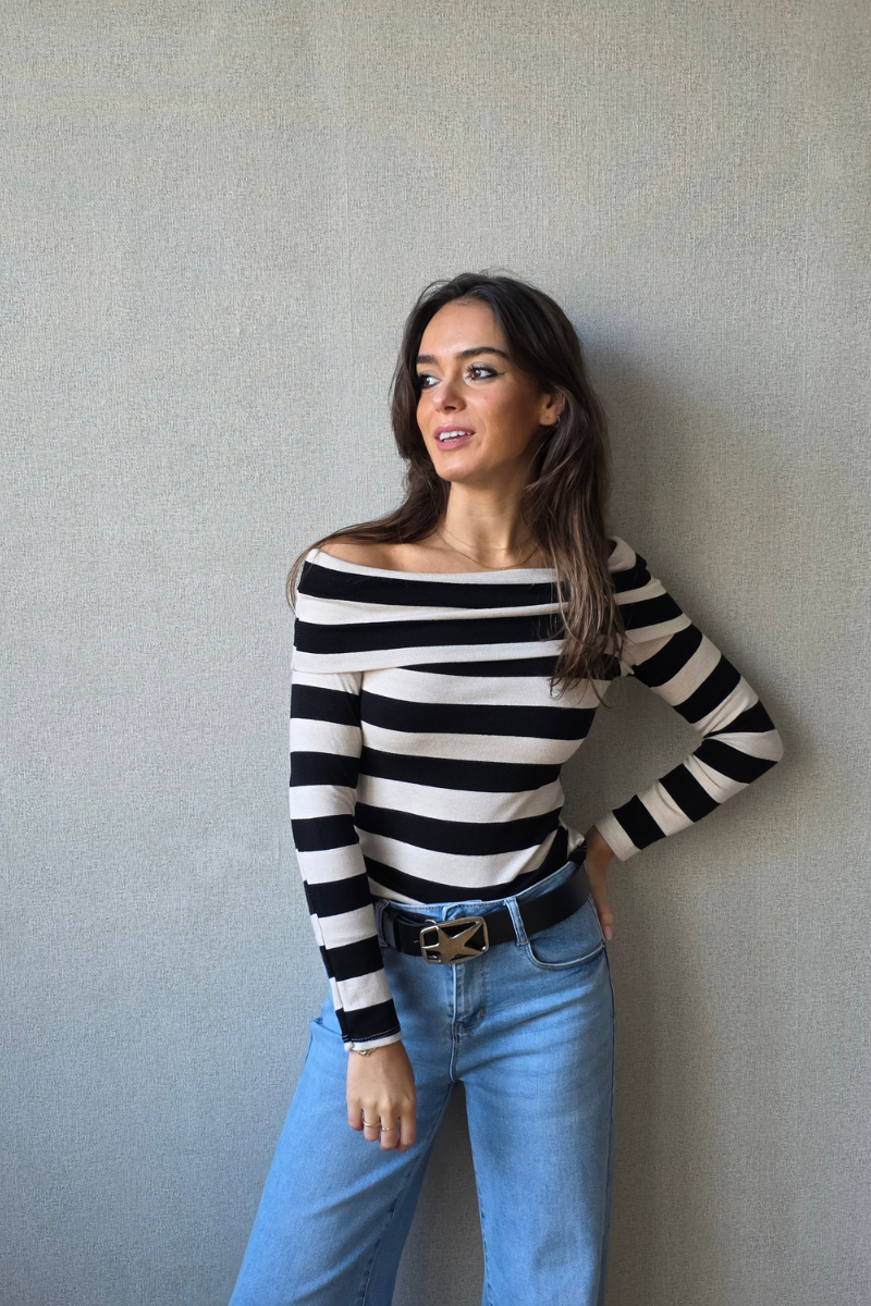 Jersey Escote Bardot Rayas - Negro