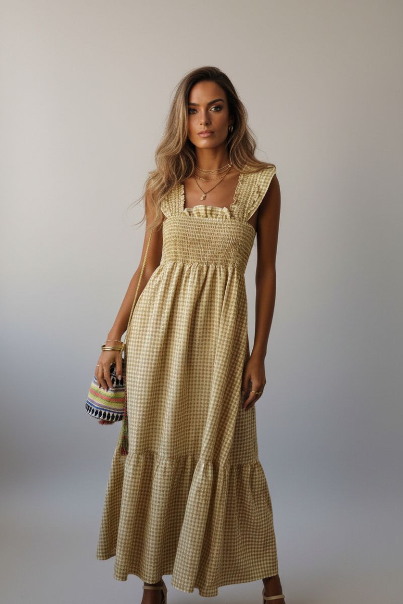 Vestido cuadro vichy nido de abeja mostaza