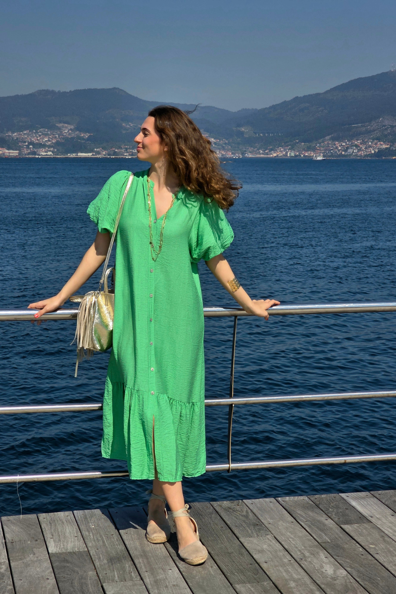 Vestido Manga Globo Verde