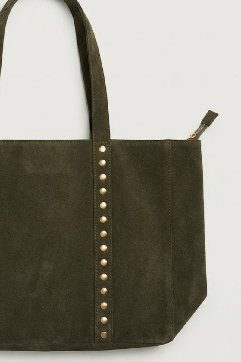 Bolso de ante shopping con tachuelas verde militar