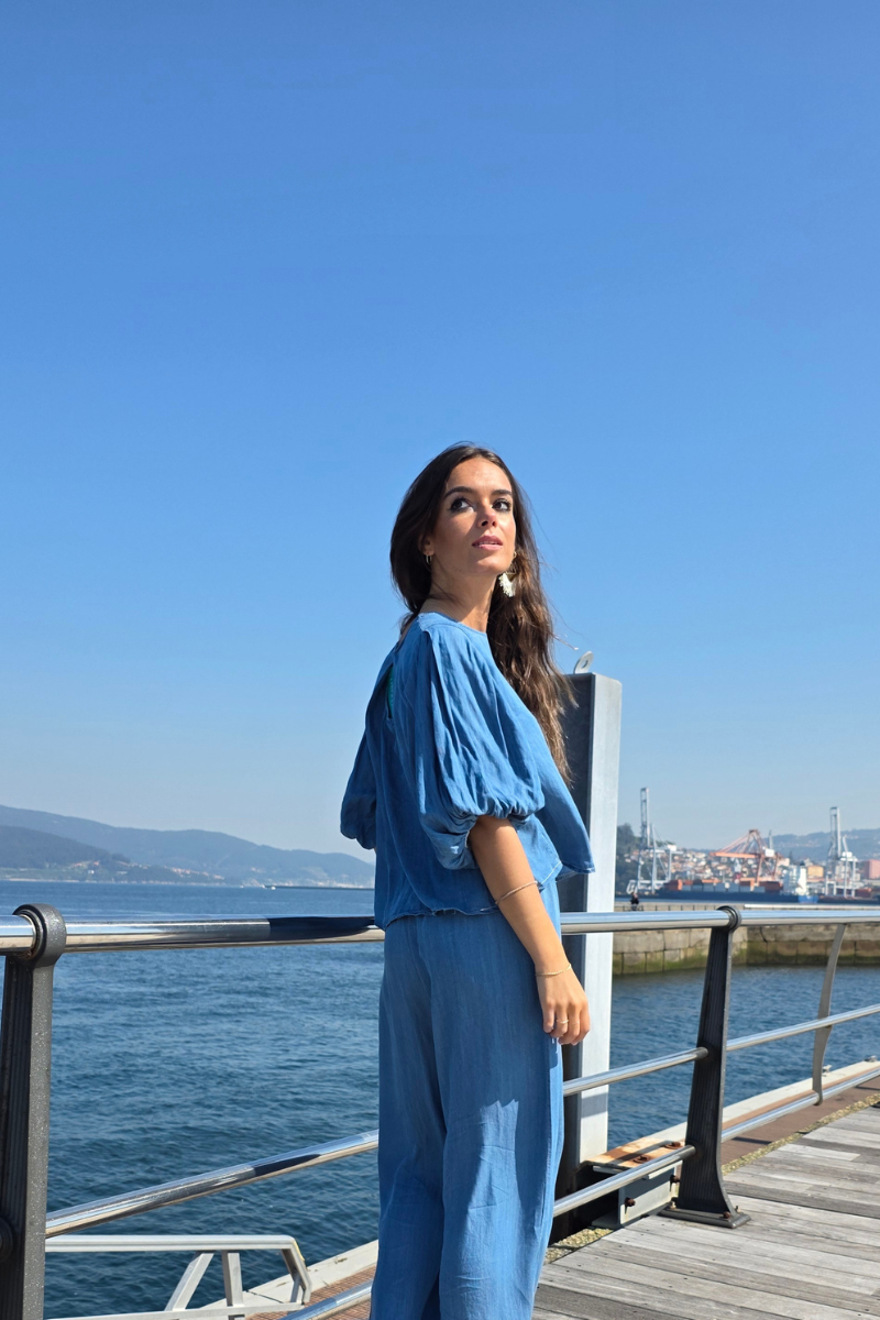 Blusa Manga Globo Azul Jean Oscuro