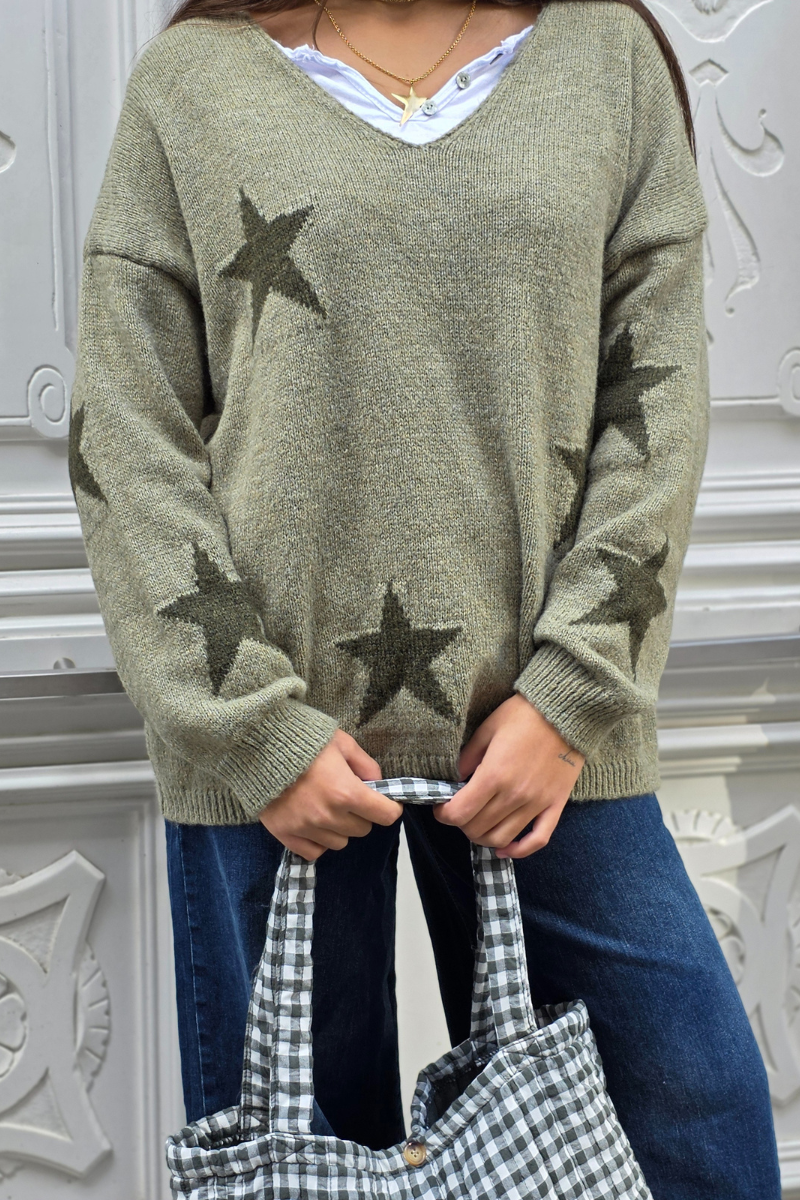 Jersey punto cuello pico con estrellas verde