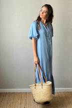 Vestido Manga Globo Azul Jeans Claro