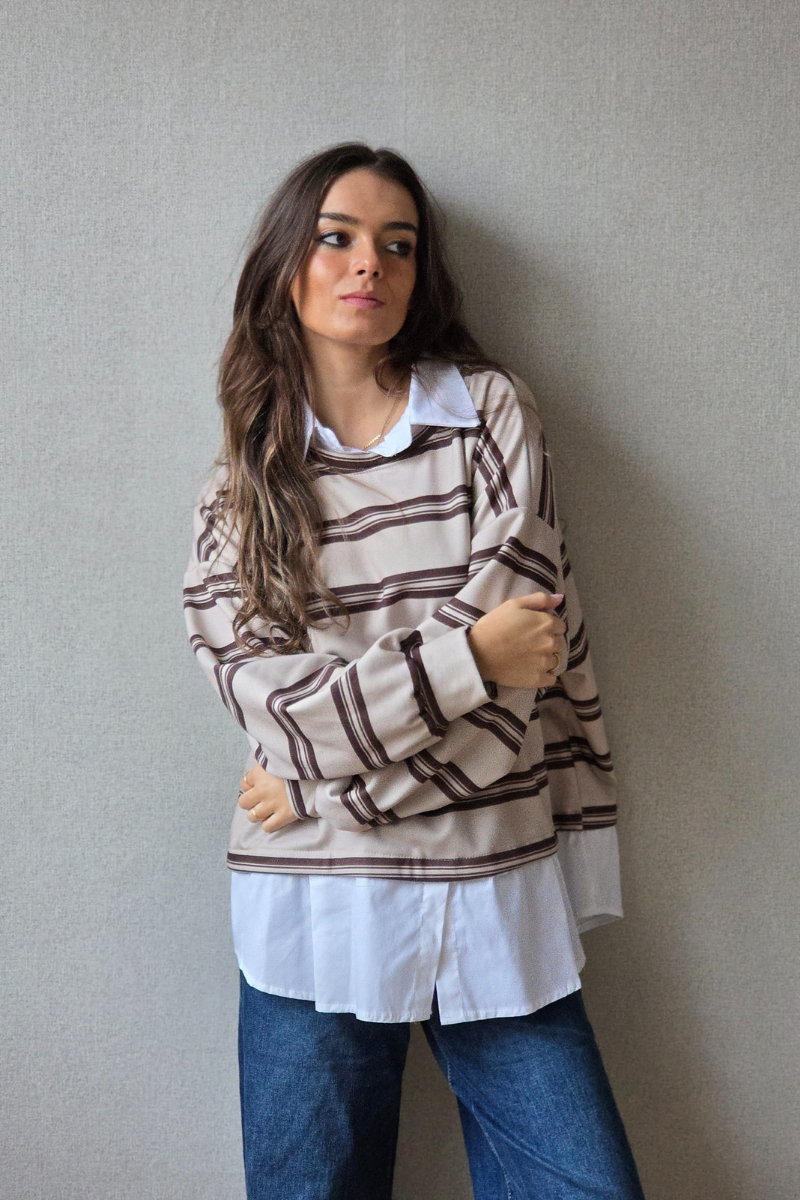 Jersey de Rayas Beige y Marrón con Cuello Camisa