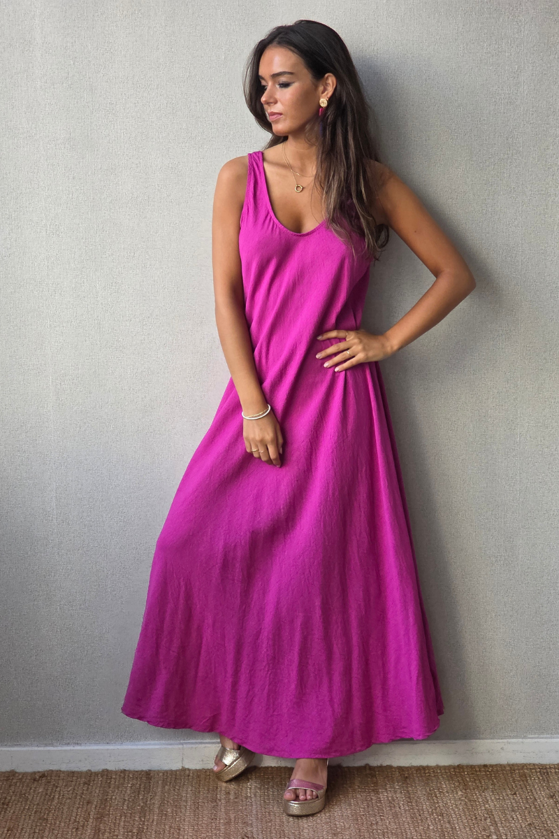 Vestido largo de asas al bies magenta