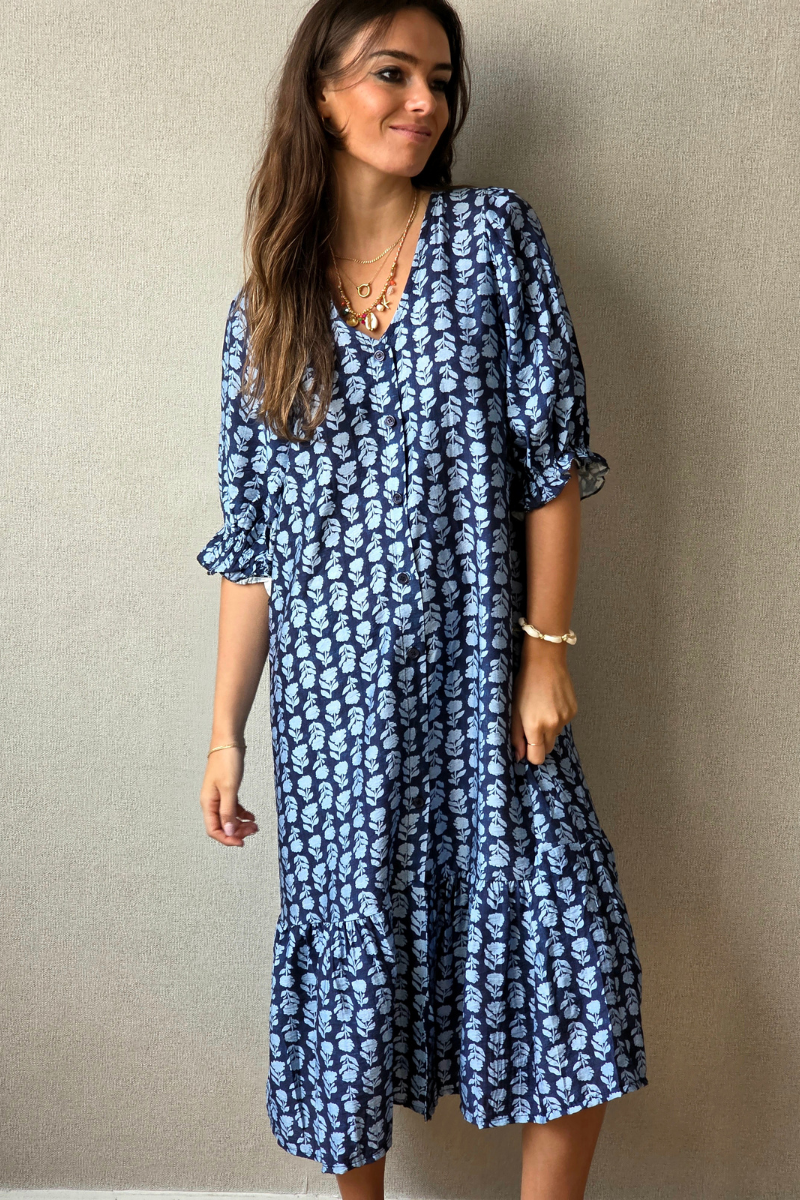 Vestido flores con botones azul marino