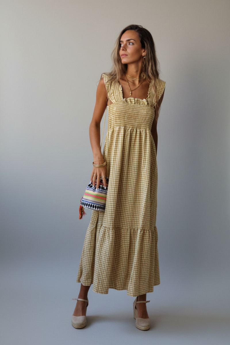 Vestido cuadro vichy nido de abeja mostaza
