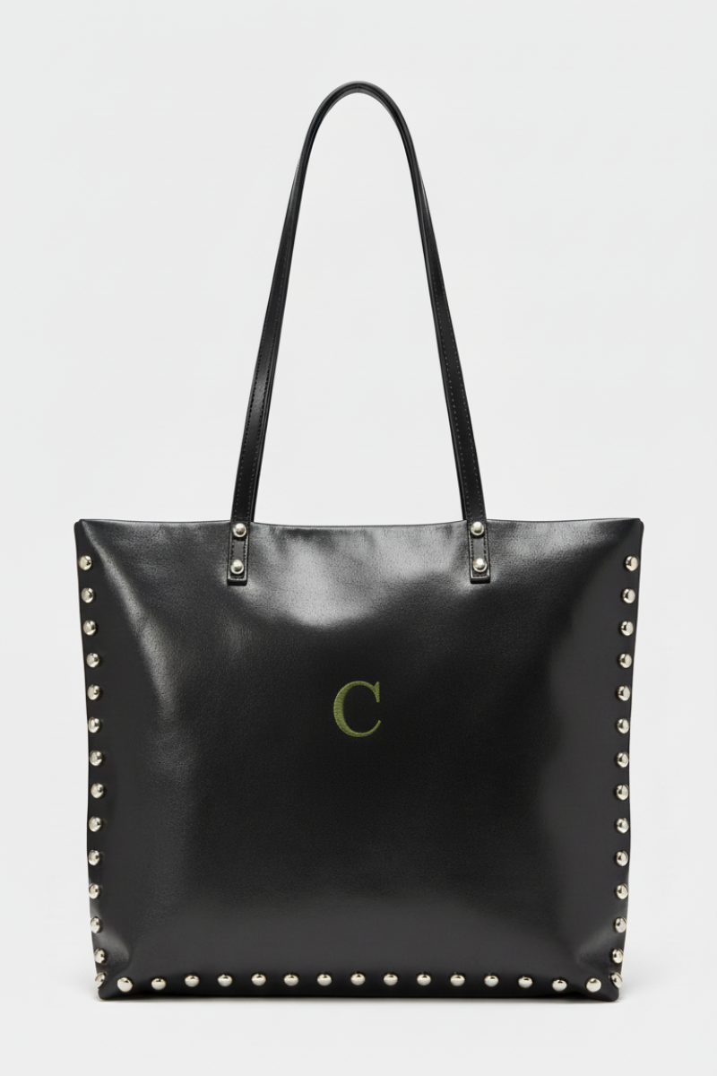 Bolso piel cuadrado shopper tachas negro