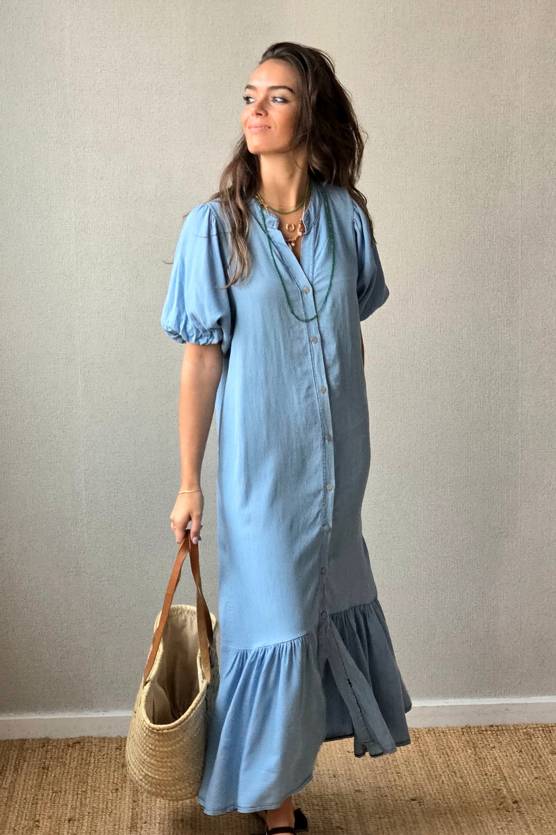 Vestido Manga Globo Azul Jeans Claro