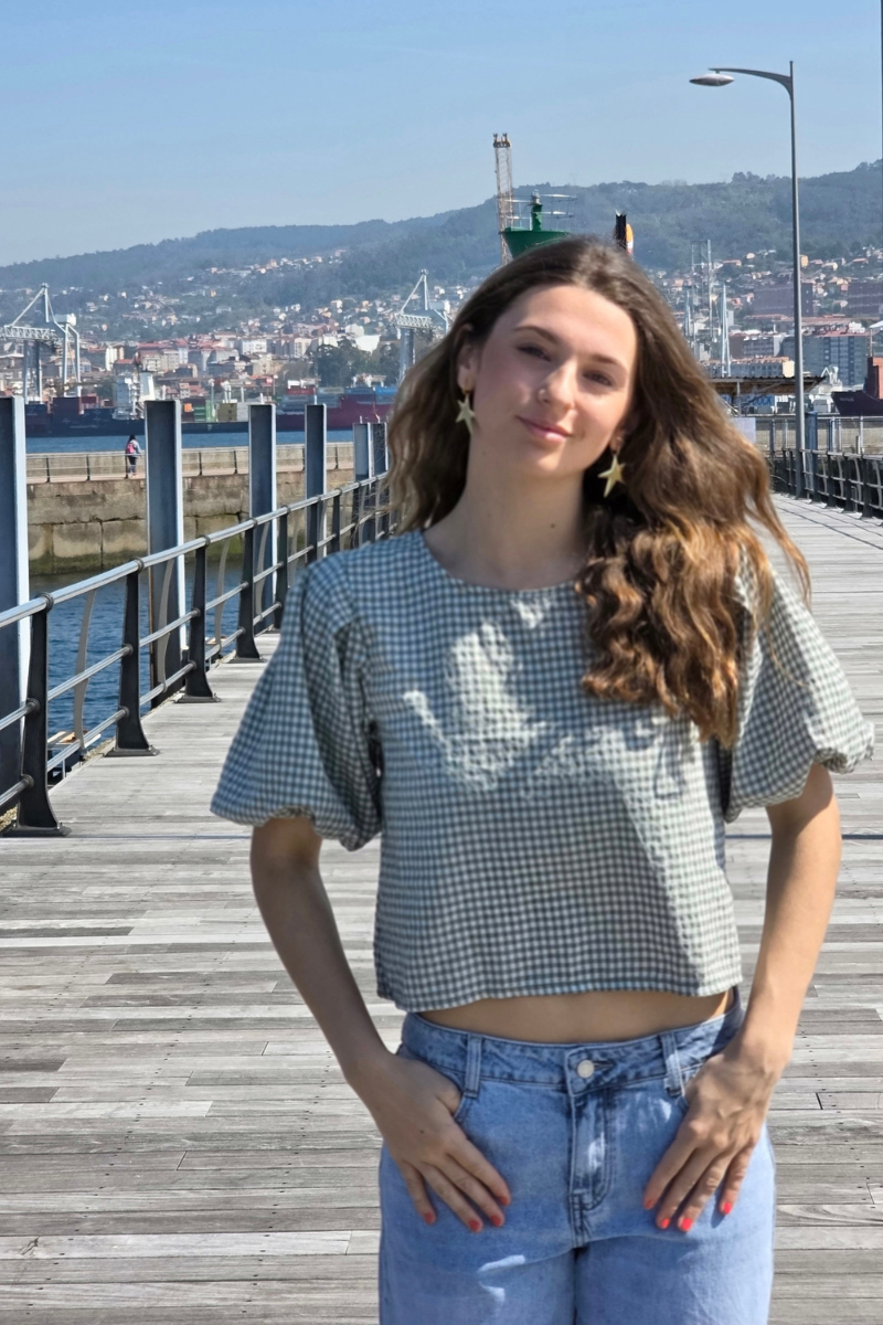 Blusa Manga Globo Cuadro Vichy Salvia