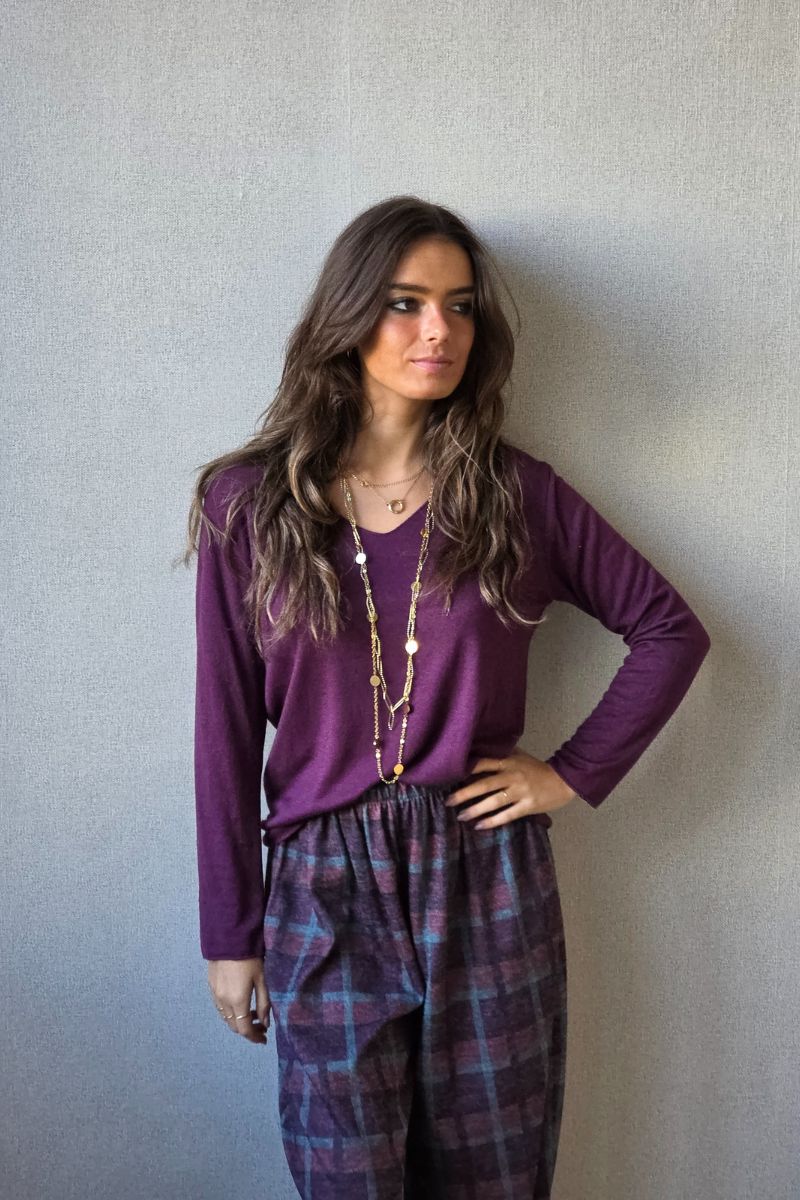 Pantalón bombacho de cuadros grande berenjena