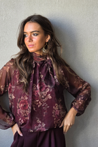 Blusa Bloom estampado de flores y lazo granate