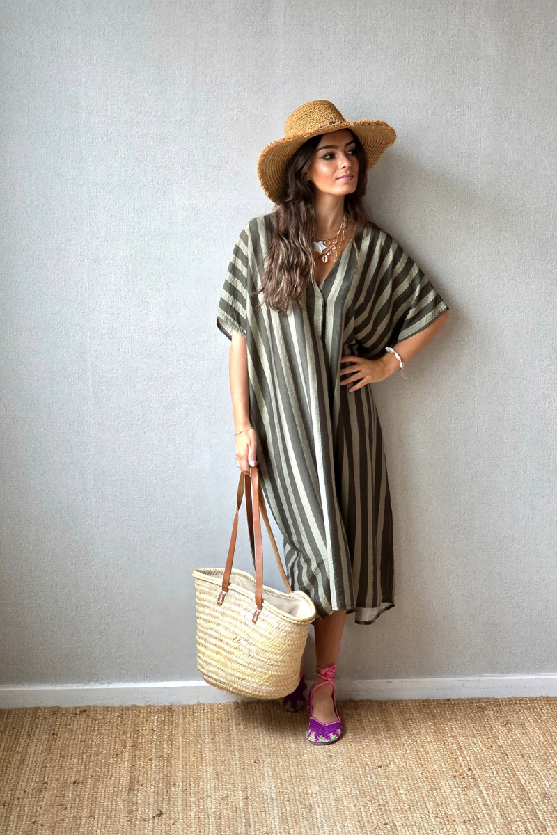 Vestido rayas tipo kurta caqui