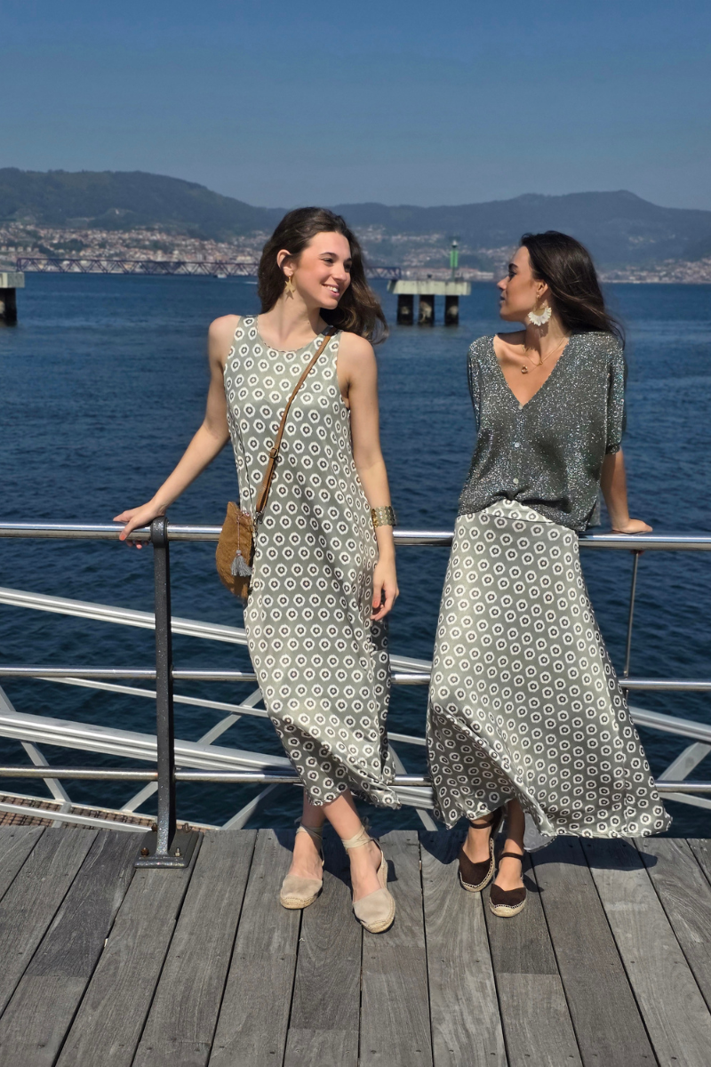 Vestido Largo Estampado Célula Caqui elástico