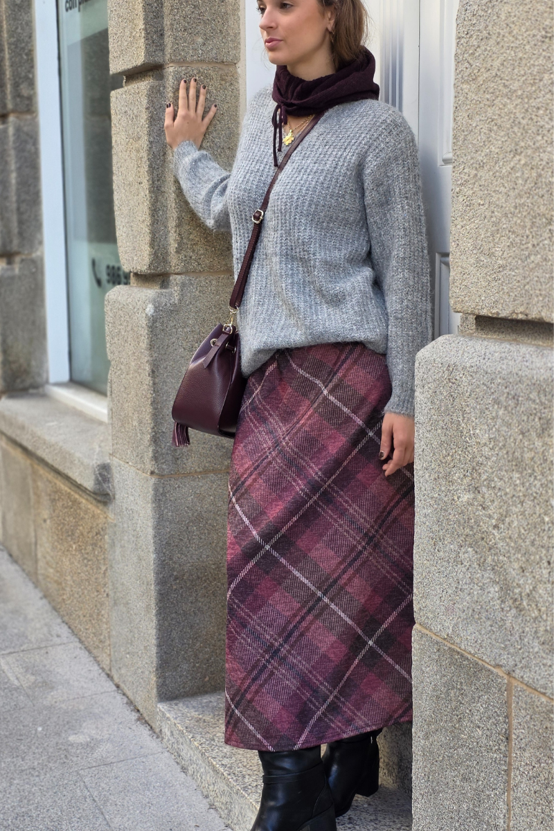 Falda Casilda de cuadros grandes berenjena