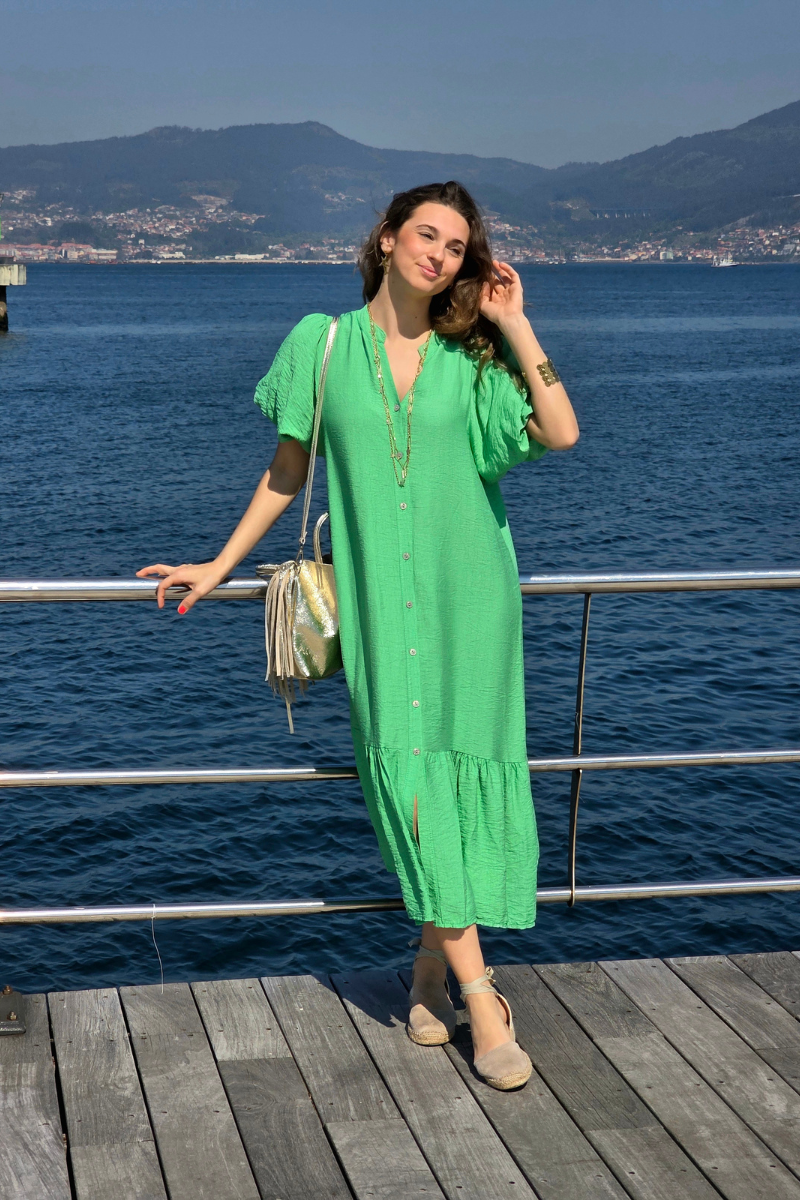 Vestido Manga Globo Verde