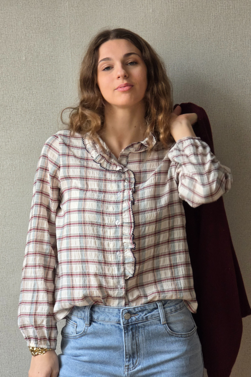 Camisa Cuadros Rosa - Detalle de Volante Romántico