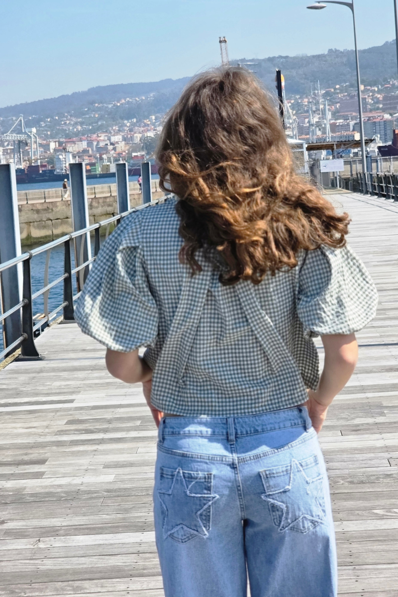 Blusa Manga Globo Cuadro Vichy Salvia